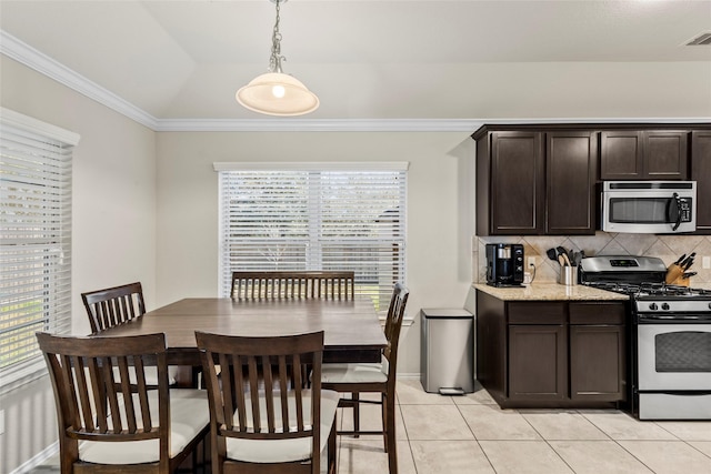 kitchen with backsplash, dark brown cabinets, stainless steel appliances, and a healthy amount of sunlight