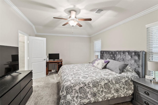 bedroom featuring visible vents, multiple windows, carpet floors, and ornamental molding