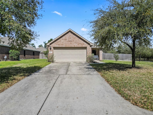 single story home featuring brick siding, fence, concrete driveway, a front yard, and an attached garage