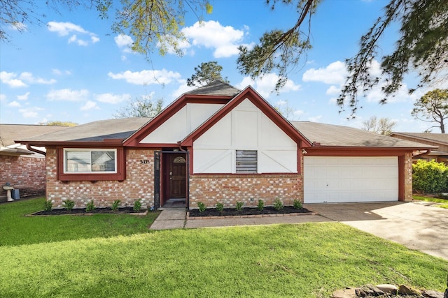 view of front of property with concrete driveway, brick siding, a garage, and a front lawn