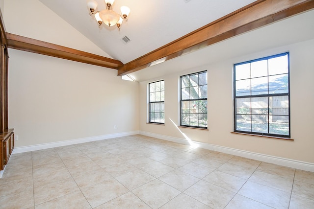 empty room featuring lofted ceiling, a notable chandelier, baseboards, and visible vents