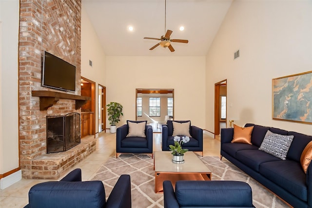 living room featuring visible vents, a brick fireplace, light tile patterned flooring, and vaulted ceiling