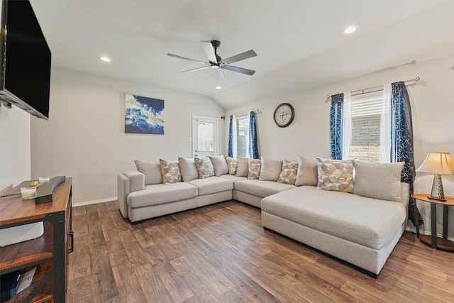 living room featuring lofted ceiling, recessed lighting, wood finished floors, and ceiling fan