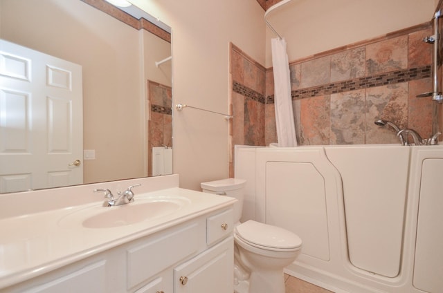 bathroom with toilet, curtained shower, tile patterned flooring, a bath, and vanity