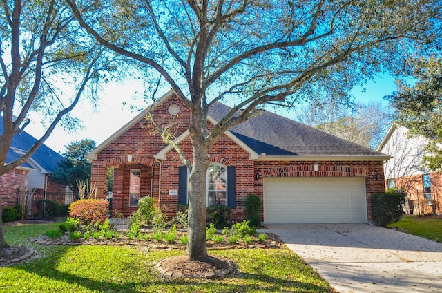 view of front of home with a garage, brick siding, roof with shingles, and concrete driveway