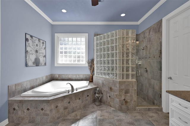 full bath featuring a bath, a shower stall, vanity, and ornamental molding