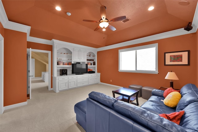 living room featuring visible vents, a raised ceiling, light carpet, and vaulted ceiling