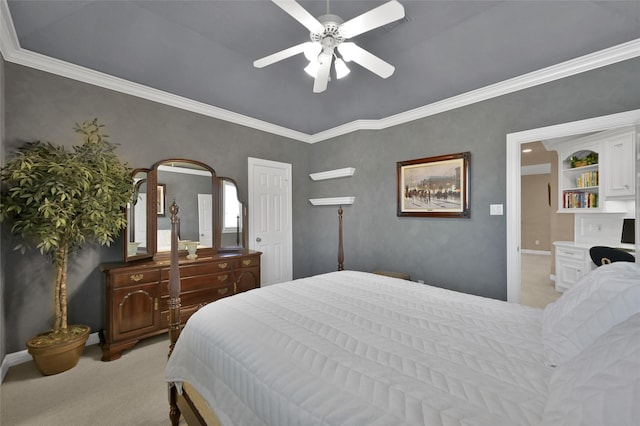 bedroom featuring crown molding, light colored carpet, and ceiling fan