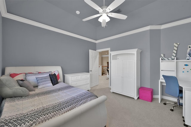 bedroom with visible vents, baseboards, ceiling fan, ornamental molding, and carpet floors