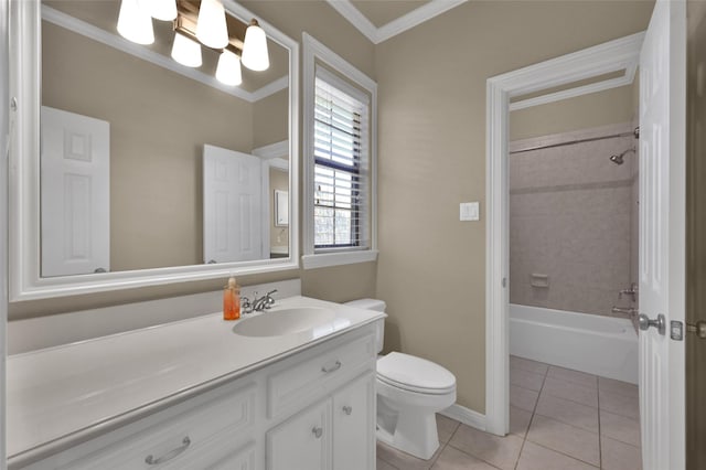 full bath featuring vanity, shower / tub combination, ornamental molding, tile patterned floors, and toilet