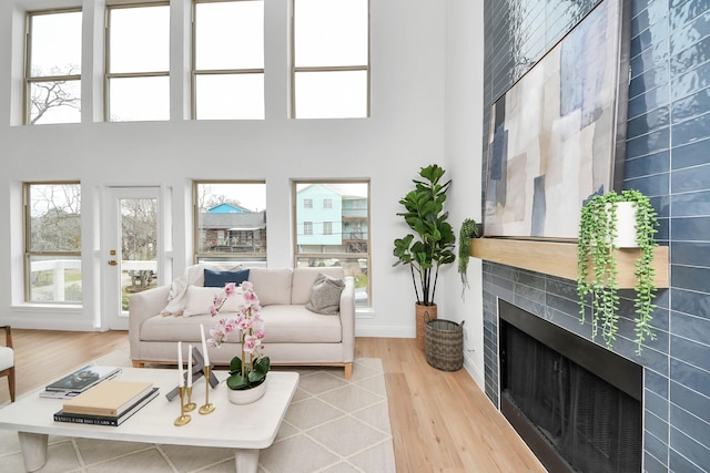 living area with baseboards, a high ceiling, wood finished floors, and a fireplace