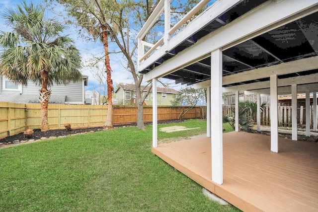 view of yard with a deck and a fenced backyard