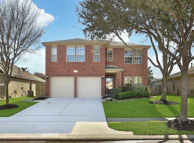 traditional-style home with central air condition unit, driveway, a front lawn, fence, and brick siding