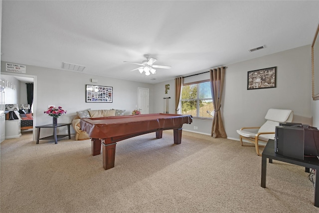 playroom with visible vents, light carpet, baseboards, and billiards