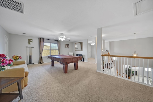 recreation room featuring visible vents, billiards, a ceiling fan, and carpet flooring