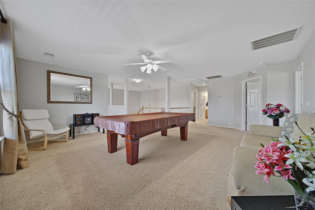 playroom with visible vents, ceiling fan, billiards, and carpet