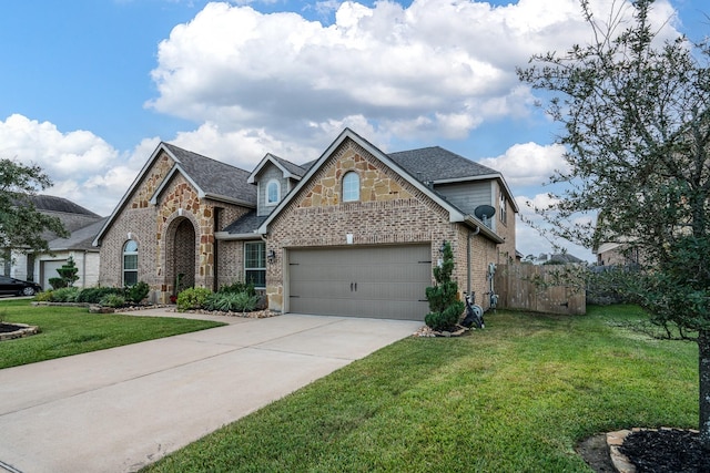 view of front of property featuring brick siding, a front lawn, concrete driveway, a garage, and stone siding