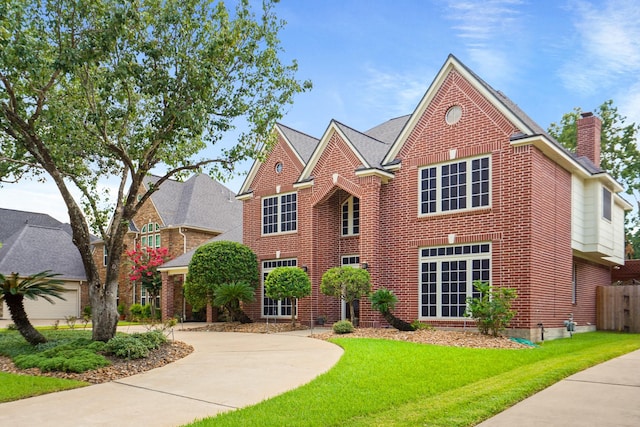 traditional-style home featuring a front yard, brick siding, and a chimney