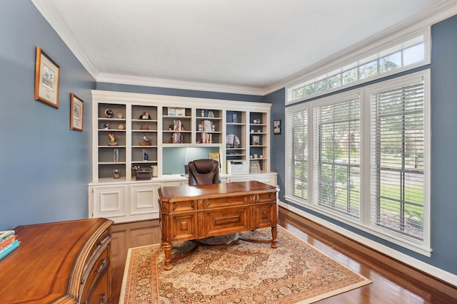 office with wood finished floors and ornamental molding