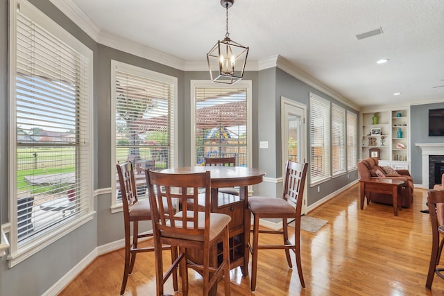 dining space featuring baseboards, a healthy amount of sunlight, light wood-style flooring, and a fireplace