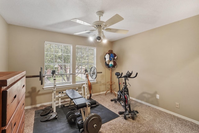 workout room featuring a ceiling fan, baseboards, carpet floors, and a textured ceiling