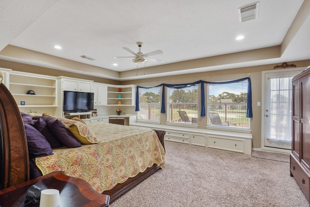 bedroom featuring recessed lighting, visible vents, carpet floors, and access to exterior