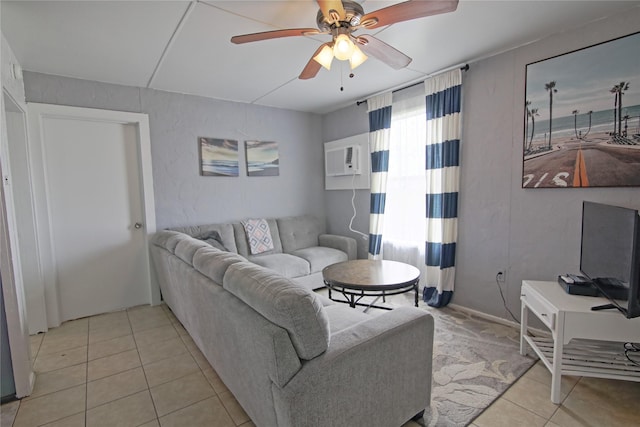 419 Murex St, Surfside Beach, TX 77541 - living area featuring ceiling fan, an AC wall unit, and light tile patterned flooring