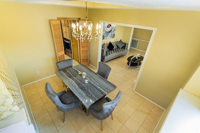 dining area featuring a notable chandelier, baseboards, visible vents, and light tile patterned floors