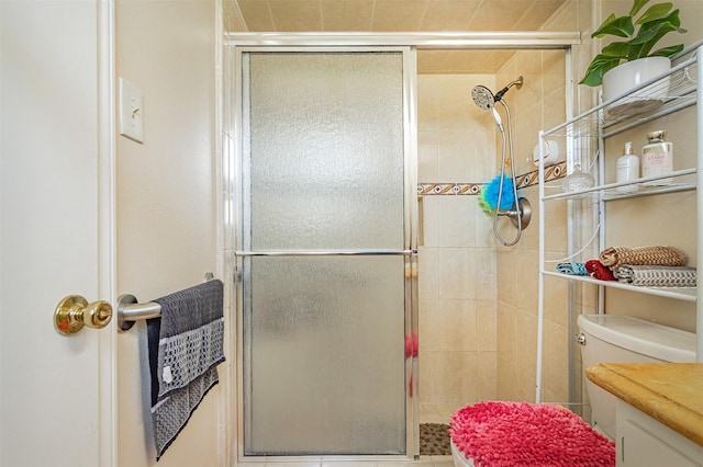 full bathroom featuring toilet and a shower stall