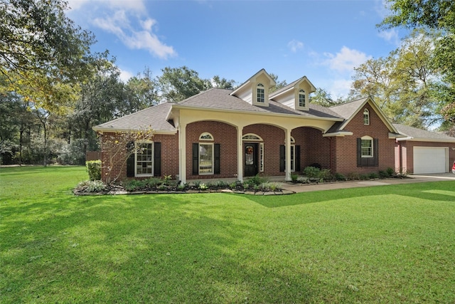 view of front of house featuring a front yard, driveway, an attached garage, covered porch, and brick siding