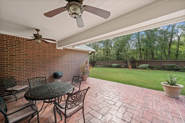 view of patio with a fenced backyard and a ceiling fan