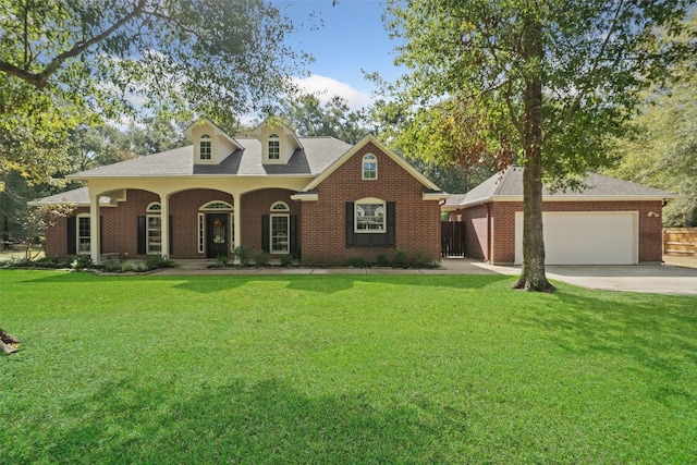 view of front of home featuring a front yard, fence, driveway, an attached garage, and brick siding