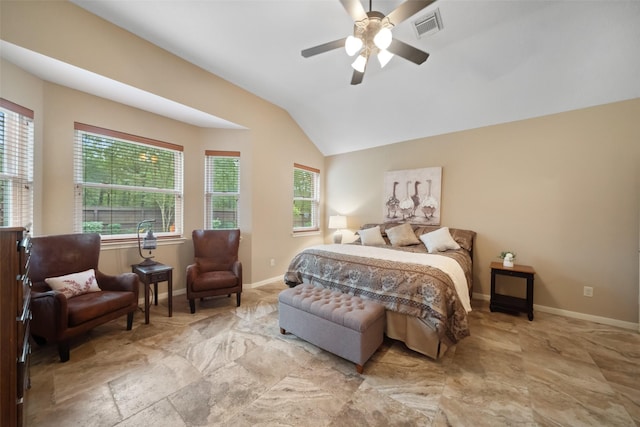 bedroom featuring visible vents, baseboards, a ceiling fan, and vaulted ceiling