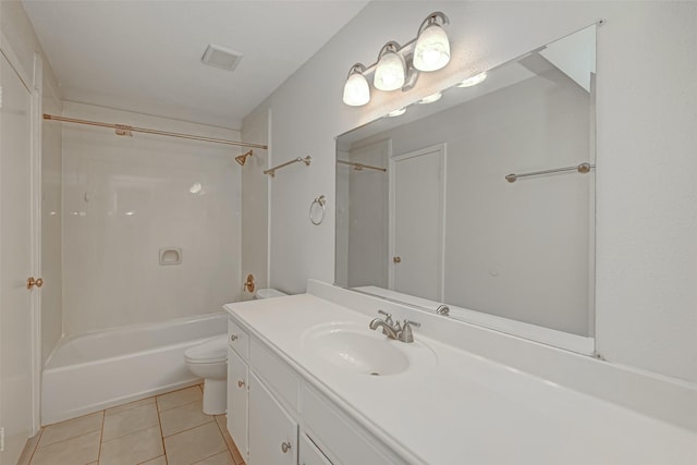 bathroom with visible vents, shower / washtub combination, toilet, tile patterned floors, and vanity