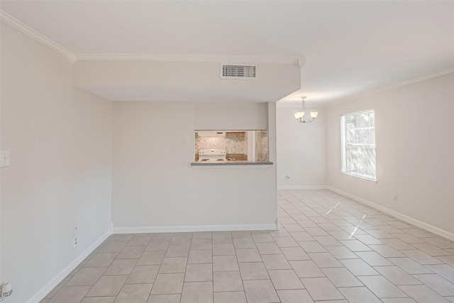 unfurnished room featuring visible vents, baseboards, an inviting chandelier, and ornamental molding