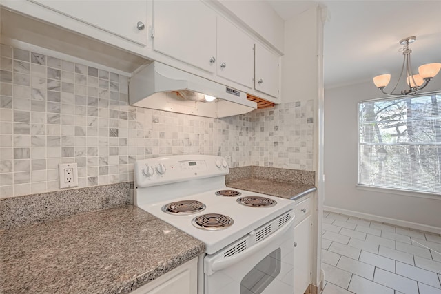 kitchen with under cabinet range hood, backsplash, white cabinetry, and white electric range