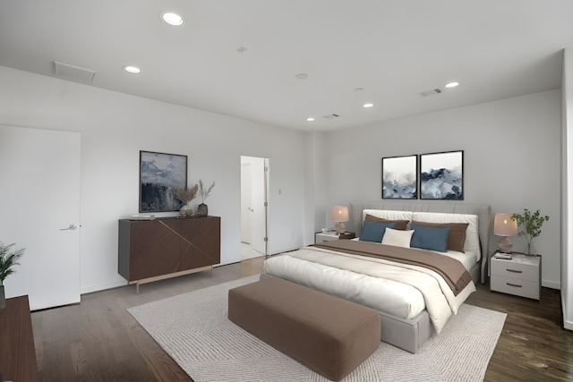 bedroom with visible vents, recessed lighting, and wood finished floors