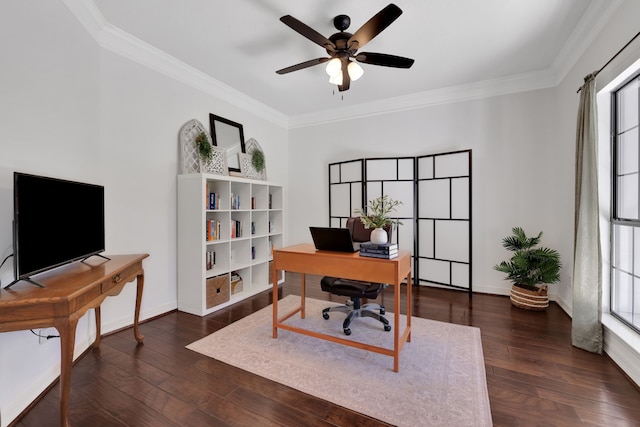 office area with crown molding, dark wood-style floors, and baseboards