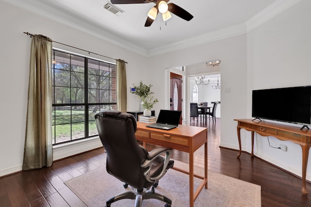 home office featuring visible vents, baseboards, ornamental molding, ceiling fan with notable chandelier, and hardwood / wood-style flooring