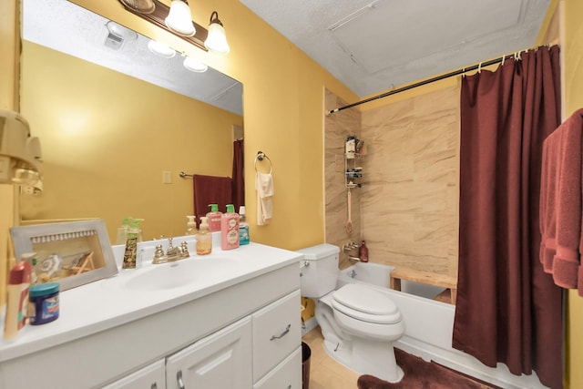 full bath featuring visible vents, vanity, toilet, and shower / bath combo with shower curtain