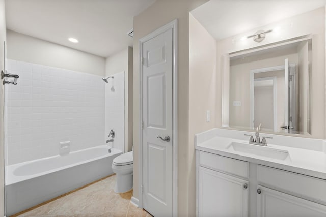 bathroom with shower / tub combination, tile patterned floors, toilet, and vanity