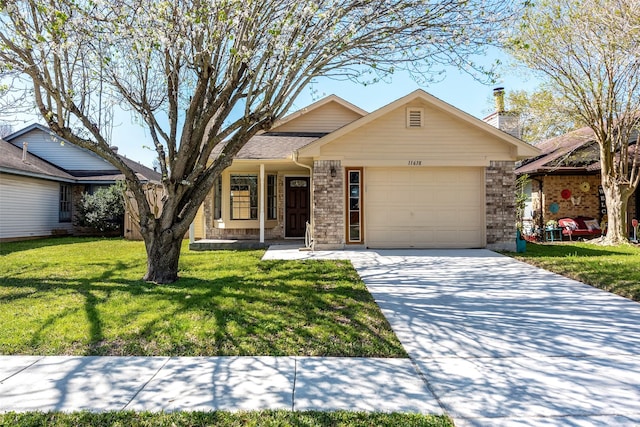 ranch-style house featuring brick siding, concrete driveway, a front yard, and a garage