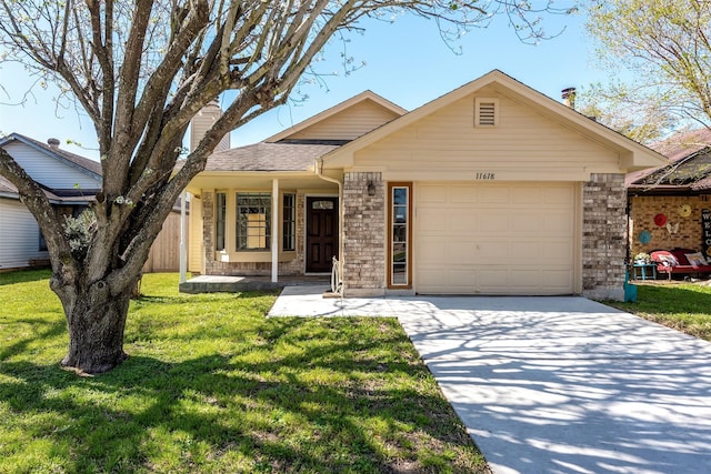 ranch-style home with driveway, an attached garage, a chimney, a front lawn, and brick siding