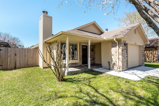 view of front of home featuring a front yard, fence, an attached garage, a shingled roof, and a chimney