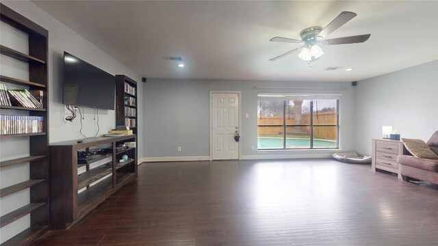 living room featuring dark wood finished floors, recessed lighting, a ceiling fan, and baseboards