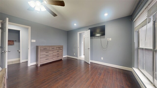 unfurnished bedroom featuring recessed lighting, wood finished floors, baseboards, and ceiling fan