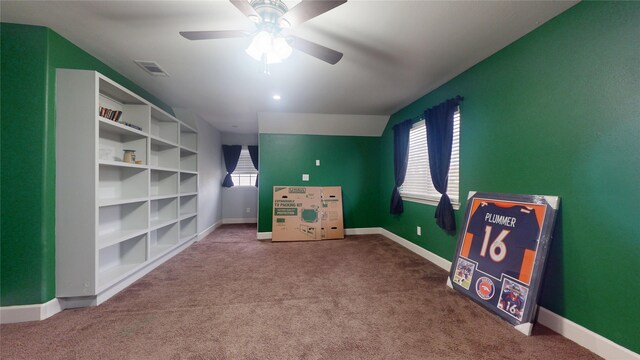 game room with a ceiling fan, visible vents, carpet, and baseboards