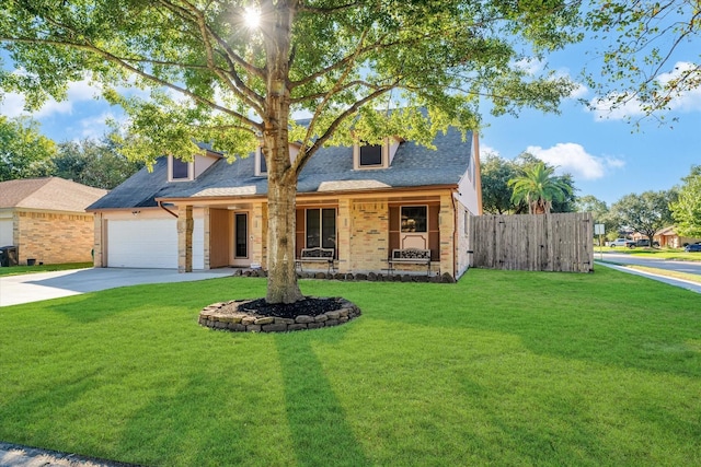 view of front facade featuring brick siding, a front lawn, fence, concrete driveway, and an attached garage