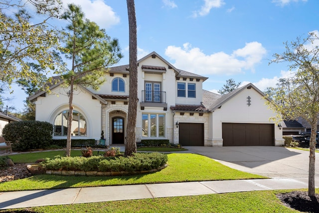 view of front facade featuring stucco siding, stone siding, concrete driveway, and an attached garage