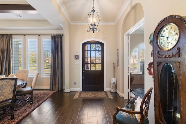 foyer featuring dark wood finished floors, crown molding, baseboards, and a wealth of natural light